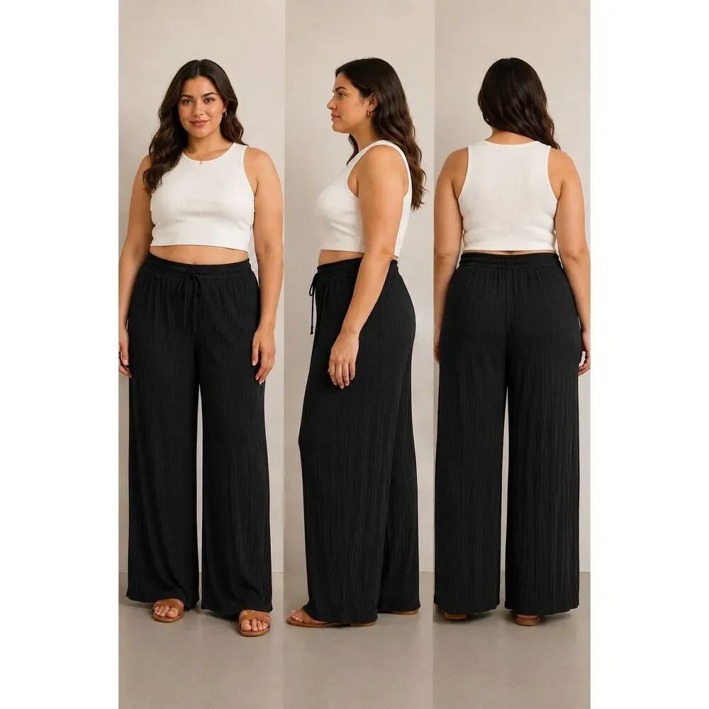 Serra Women’s Black Pleated Wide Leg Pants XL Elastic Waist Pull-On Casual Boho